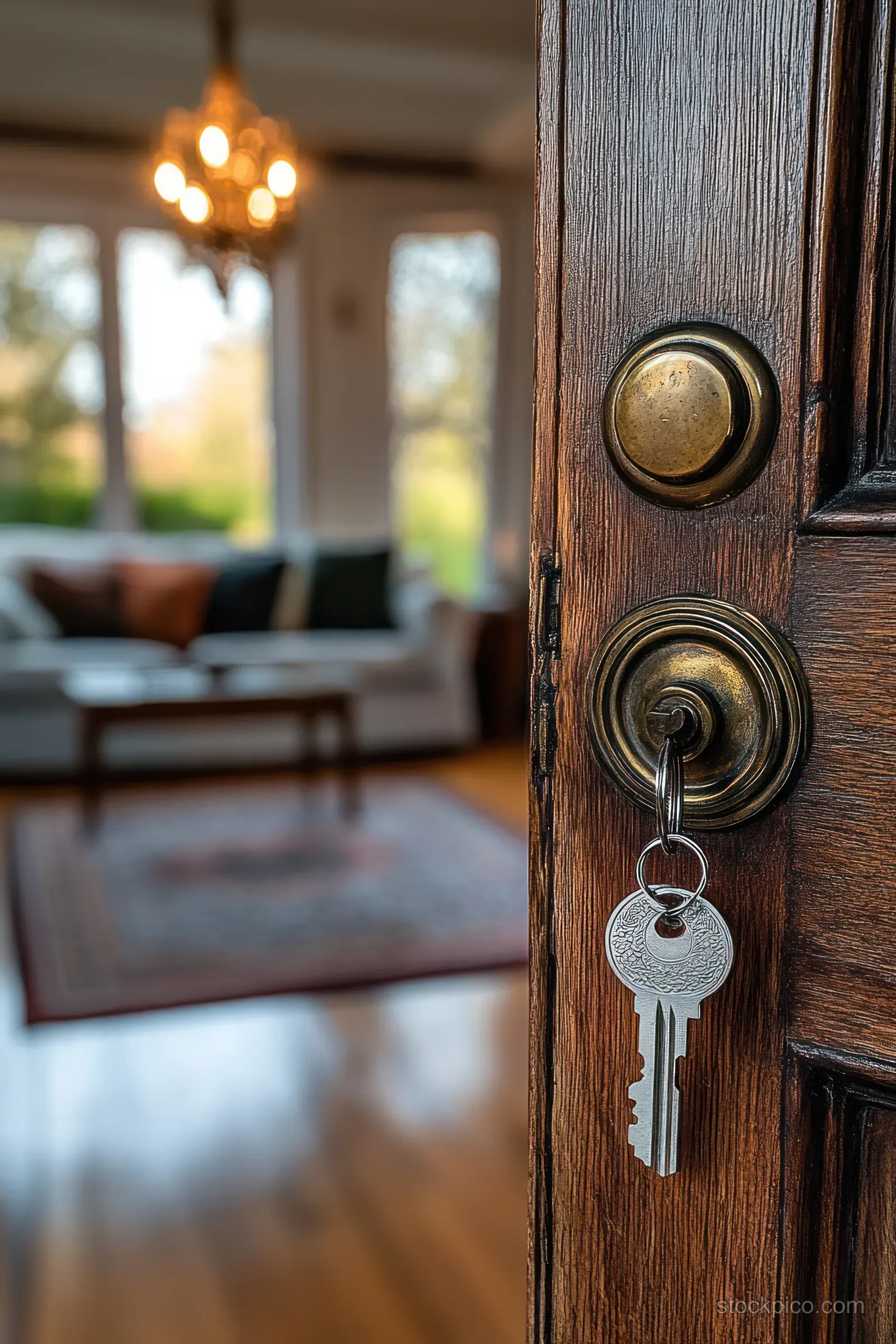A key is inserted in a wooden door lock as the open door reveals a living room with sofa, rug, and chandelier.
