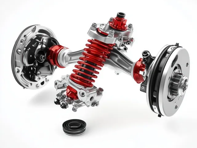 Red and silver car suspension and disc brake assembly on white background, detailed close-up