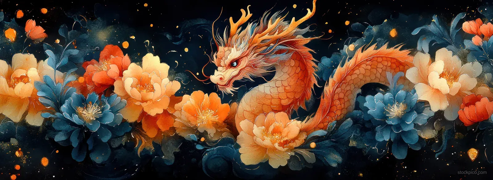 An orange-gold dragon rises through peony flowers on a dark festive Chinese New Year banner backdrop.