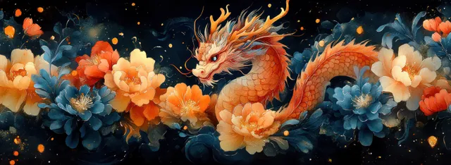 An orange-gold dragon rises through peony flowers on a dark festive Chinese New Year banner backdrop.