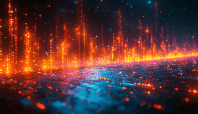 Neon financial data towers and glowing charts rise across a dark trading skyline with bright trading signals.