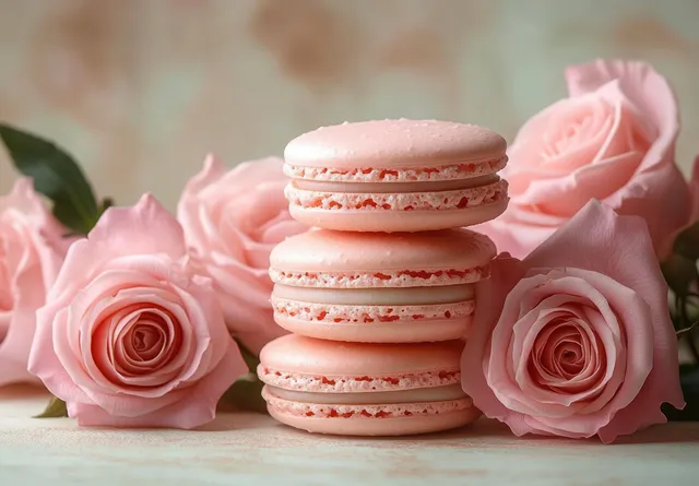 Three light pink macarons stacked with roses and soft pastel floral background detail