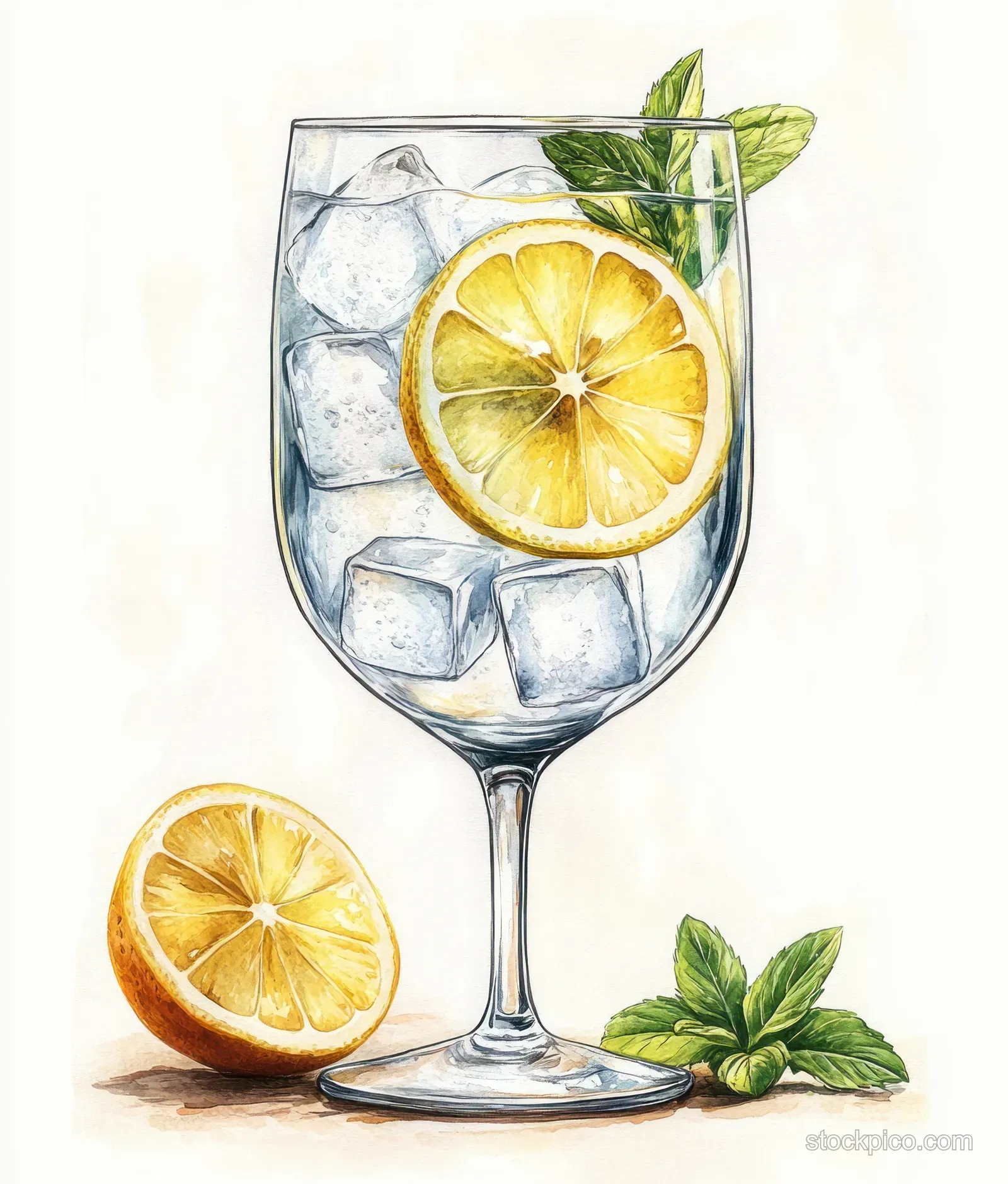A glass of ice water garnished with lemon slices and mint leaves on a light background.