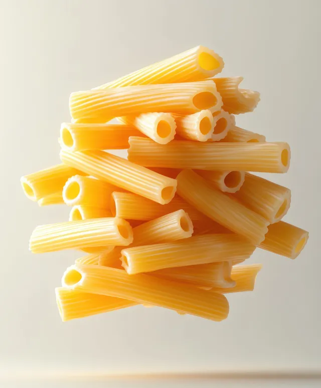 Stacked dried cannelloni tubes levitating above white background with soft studio shadow