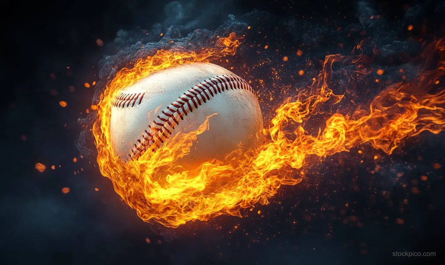 A baseball engulfed in orange flames flies through dark smoky air with sparks and motion blur.