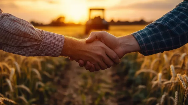 Two farmers shake hands in a wheat field at golden sunset, tractor bokeh behind