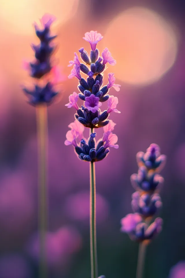 Closeup lavender flower spikes in soft sunlight with a blurred purple bokeh background.