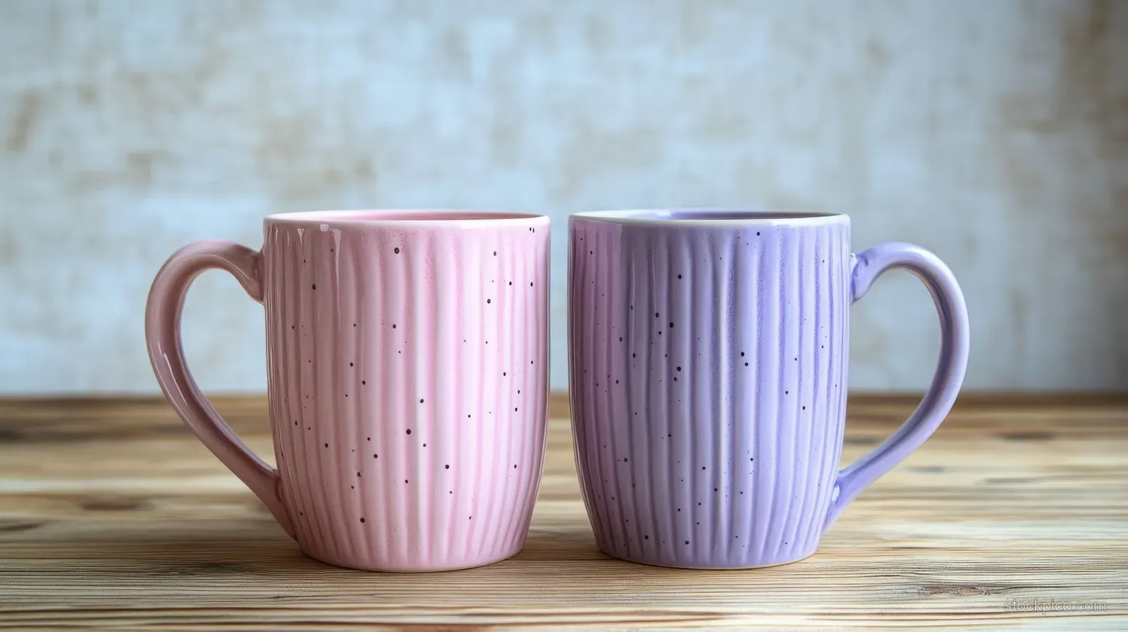 Two ribbed speckled ceramic mugs in pastel pink and lavender with handles sit side by side on a wooden tabletop.