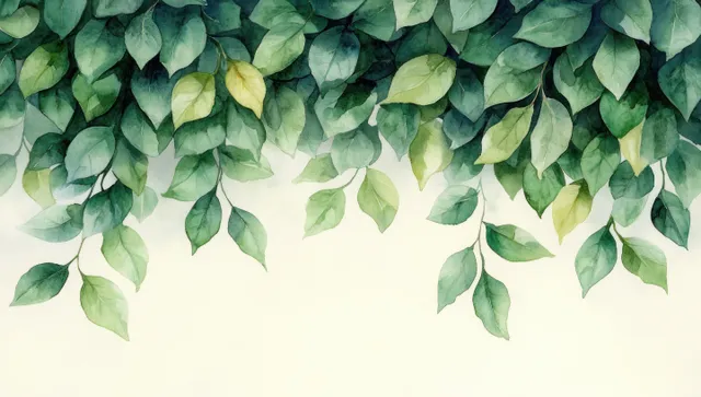 Watercolor leaves and branches form a green frame across the top of a pale background.