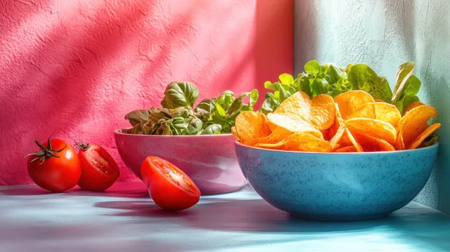 A blue bowl of orange vegetable slices and salad greens next to red tomatoes on a colorful backdrop.