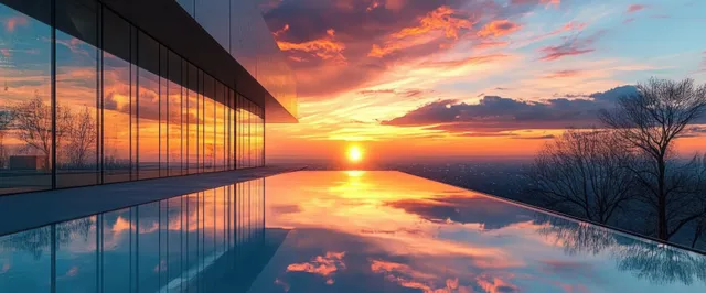 Sunset reflects in an infinity pool beside a modern glass building with bare trees on the horizon.