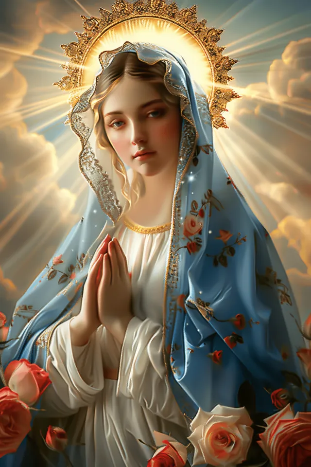 Virgin Mary in a blue and white robe holds glowing sun light, framed by roses and a golden halo.