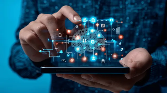 Man taps tablet with AI brain hologram interface and linked network icons