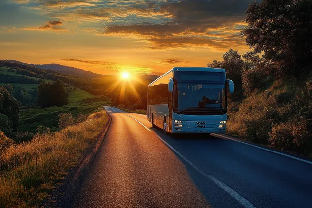 Blue passenger bus traveling on winding countryside road at sunset with golden backlight