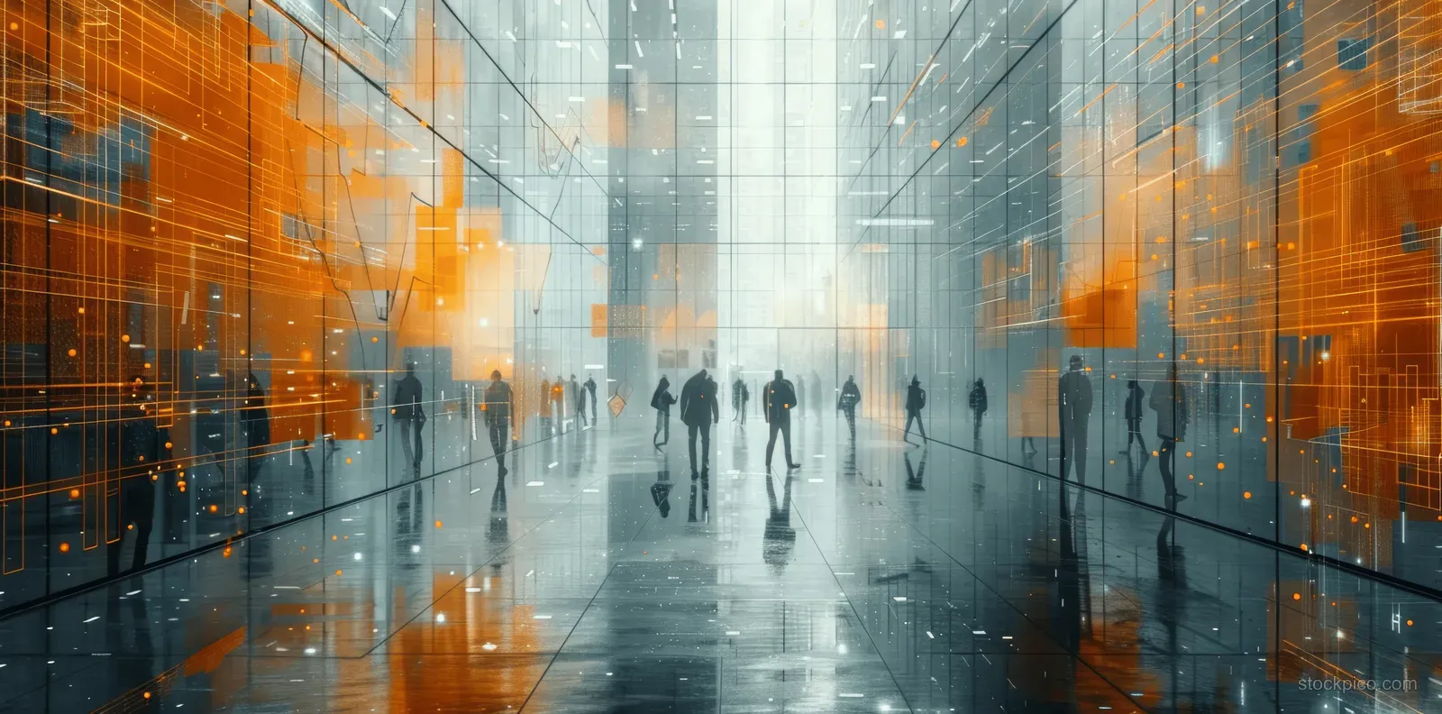 Business professionals stride through a futuristic office lobby with long exposure blur and glowing digital grid visuals.