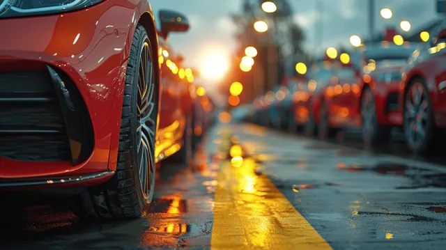 Red car parked beside other vehicles on a wet city street at sunset