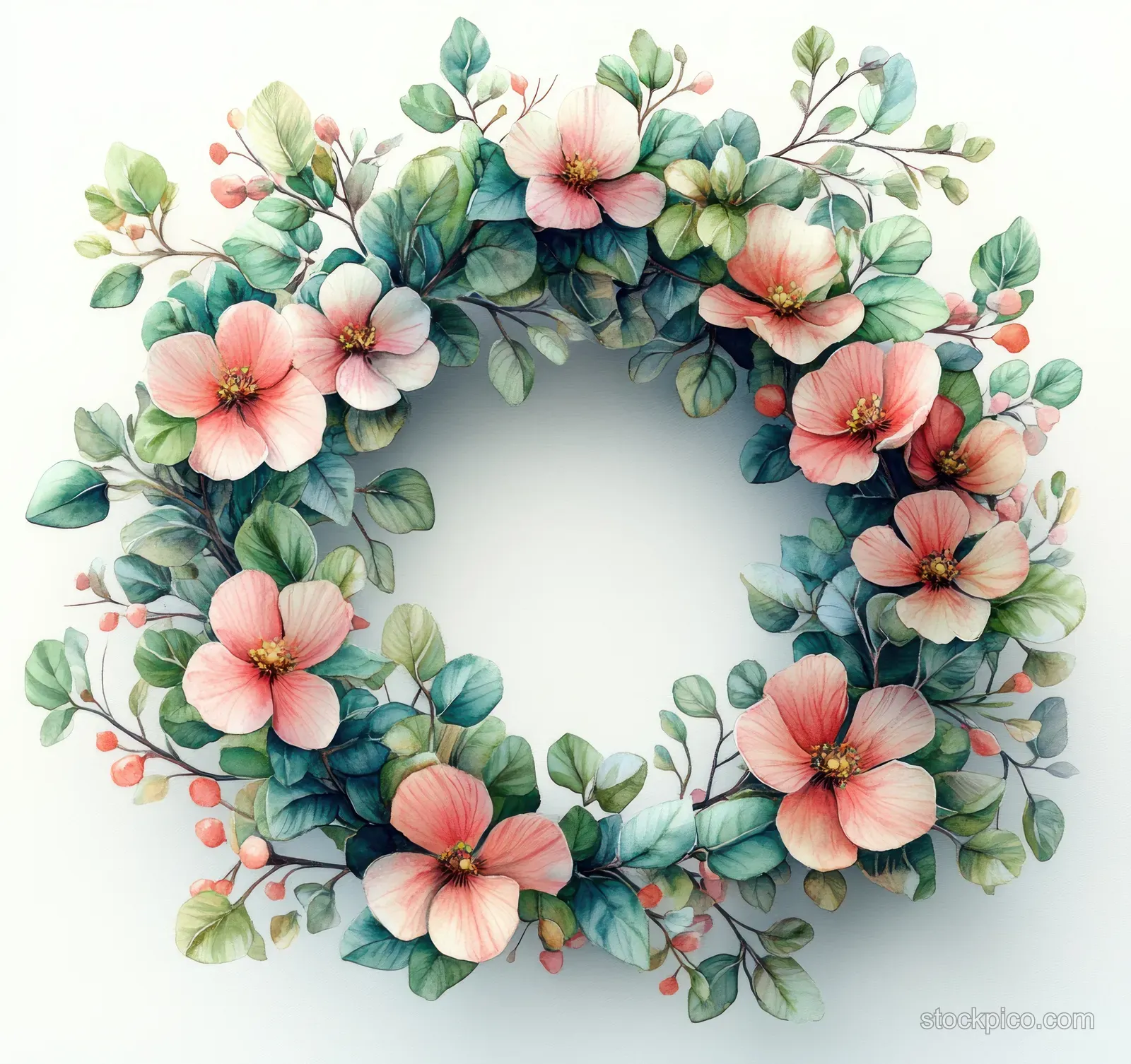 Watercolor floral wreath with pink protea, roses, and green leaves on a white background.