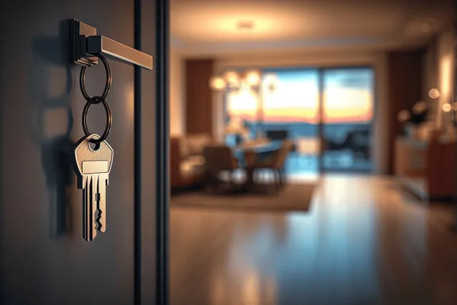 Keys hang from an open apartment door with a blurred living room and dining table in the background.