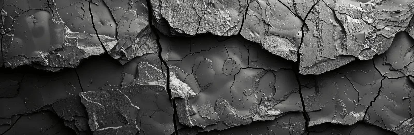Black volcanic rock wall close-up showing deep cracks and a rough, fractured surface.