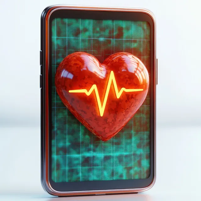 A smartphone shows a glowing heartbeat waveform across a red heart icon on a digital medical data background.