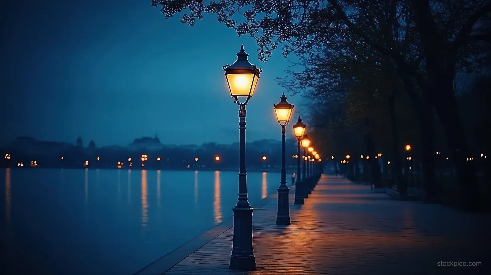 Street lamps illuminate a quiet riverside walkway beside calm water at dusk.