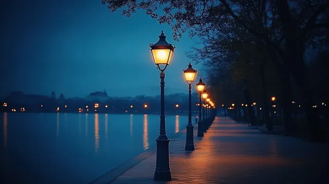 Glowing street lamps line a quiet riverside walkway at dusk