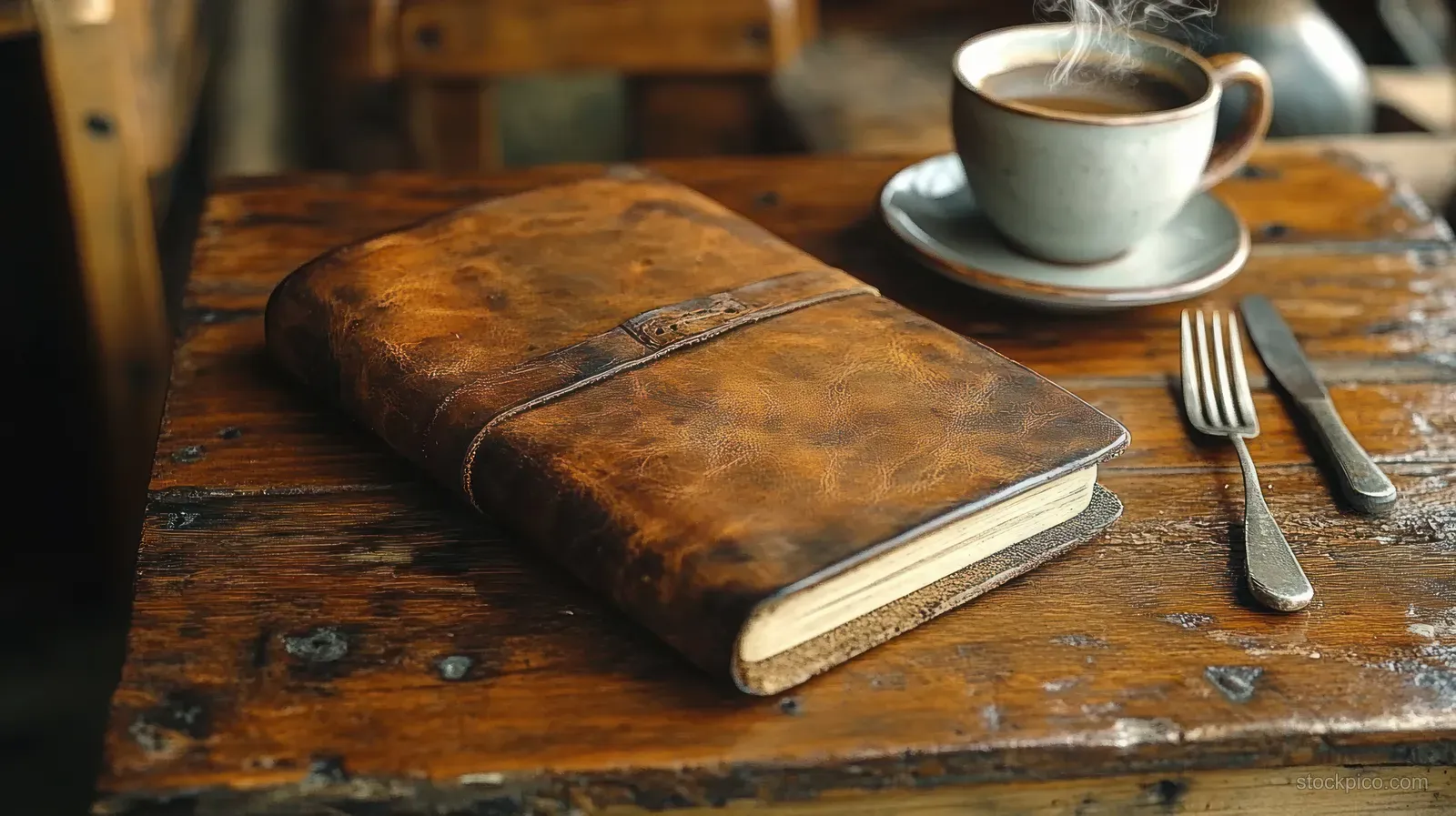 Brown leather notebook lies on a rustic wooden table beside a steaming espresso cup and vintage fork.