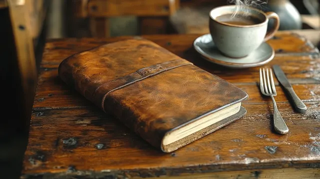 Warm leather notebook beside espresso cup on rustic wooden table with vintage cutlery