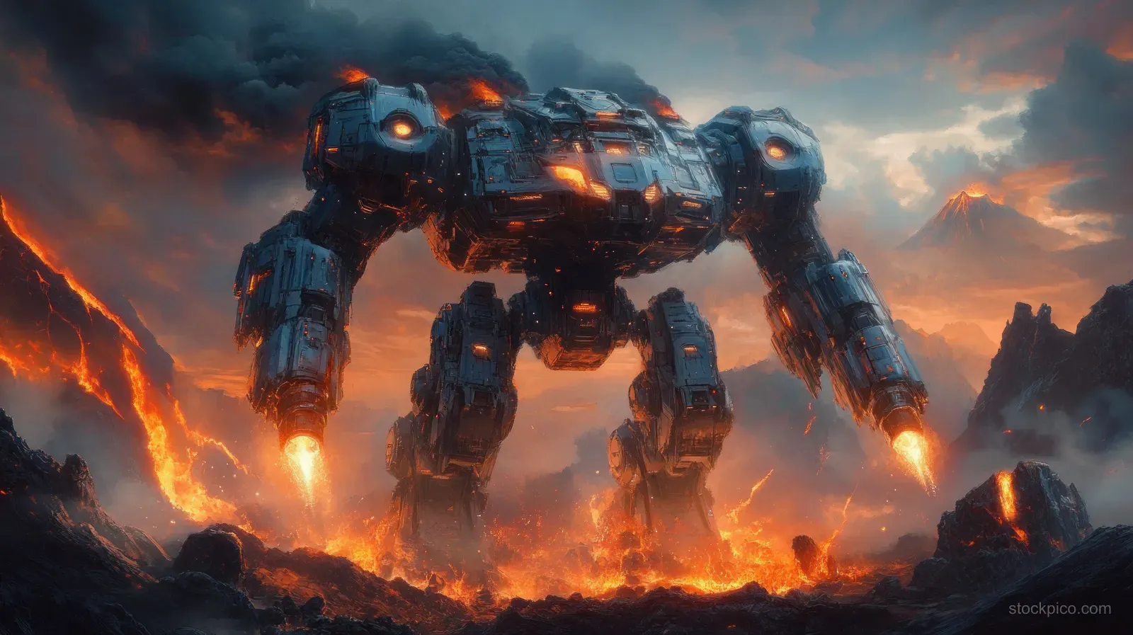 A giant robot advances over a volcanic rocky landscape with a glowing core and fiery exhaust under stormy skies.