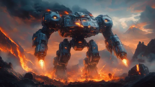 A giant robot advances over a volcanic rocky landscape with a glowing core and fiery exhaust under stormy skies.