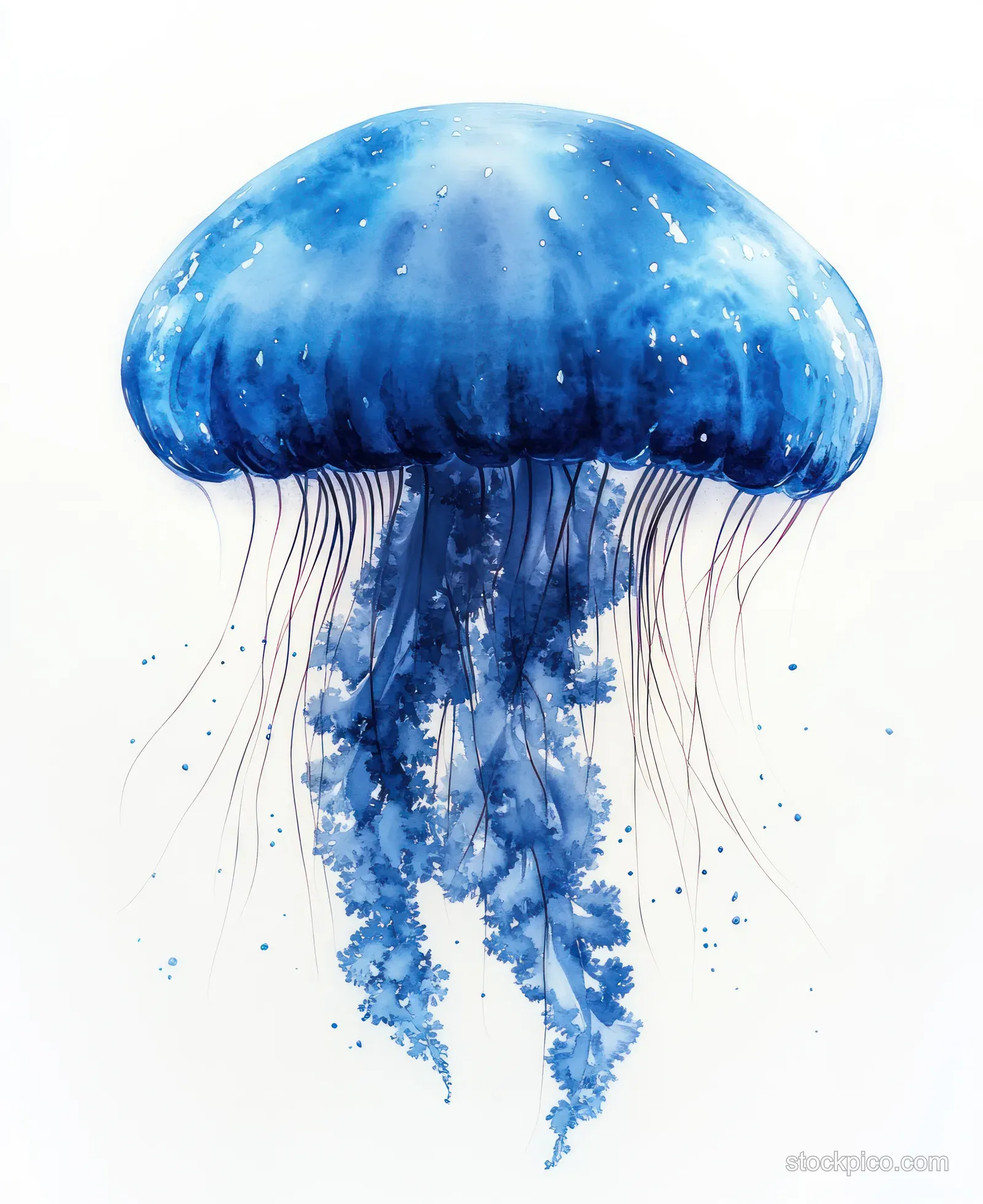 A serene watercolor painting of a delicate blue jellyfish surrounded by gentle bubbles and calming ocean tones.