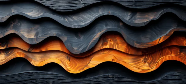Dark blue and brown carved wood waves stack across the frame with faint golden streak highlights.