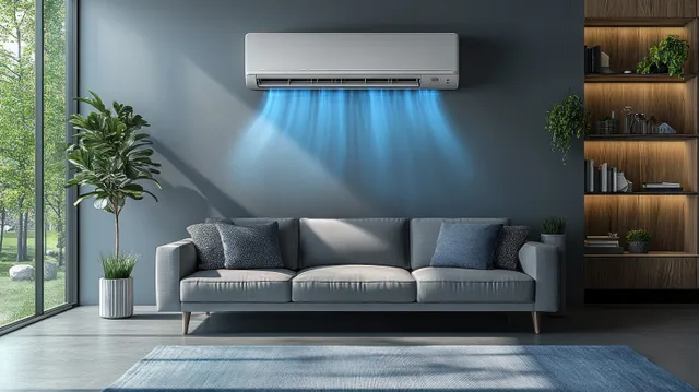 Wall-mounted air conditioner emits blue light rays above a gray sofa in a modern living room.