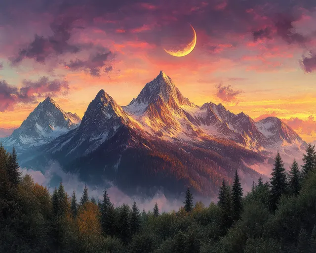 Snowy mountain peaks and dark forest under a crescent moon with warm golden sunset clouds at dusk.