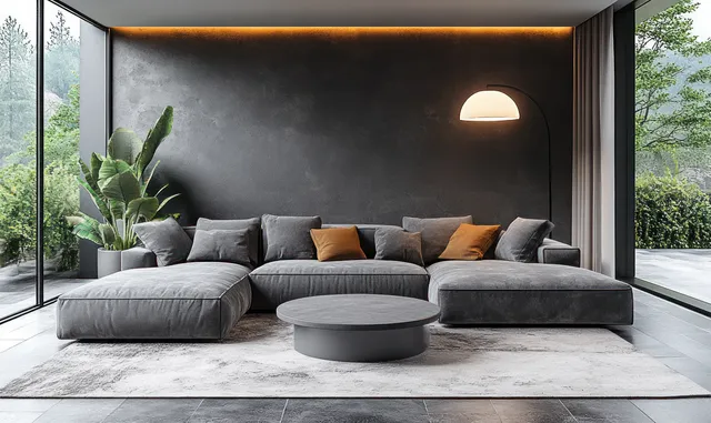 Grey sectional living room with round coffee table and floor lamp under soft wall lighting