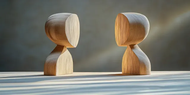 Two carved wooden hourglass figures face each other on a tabletop with soft shadows