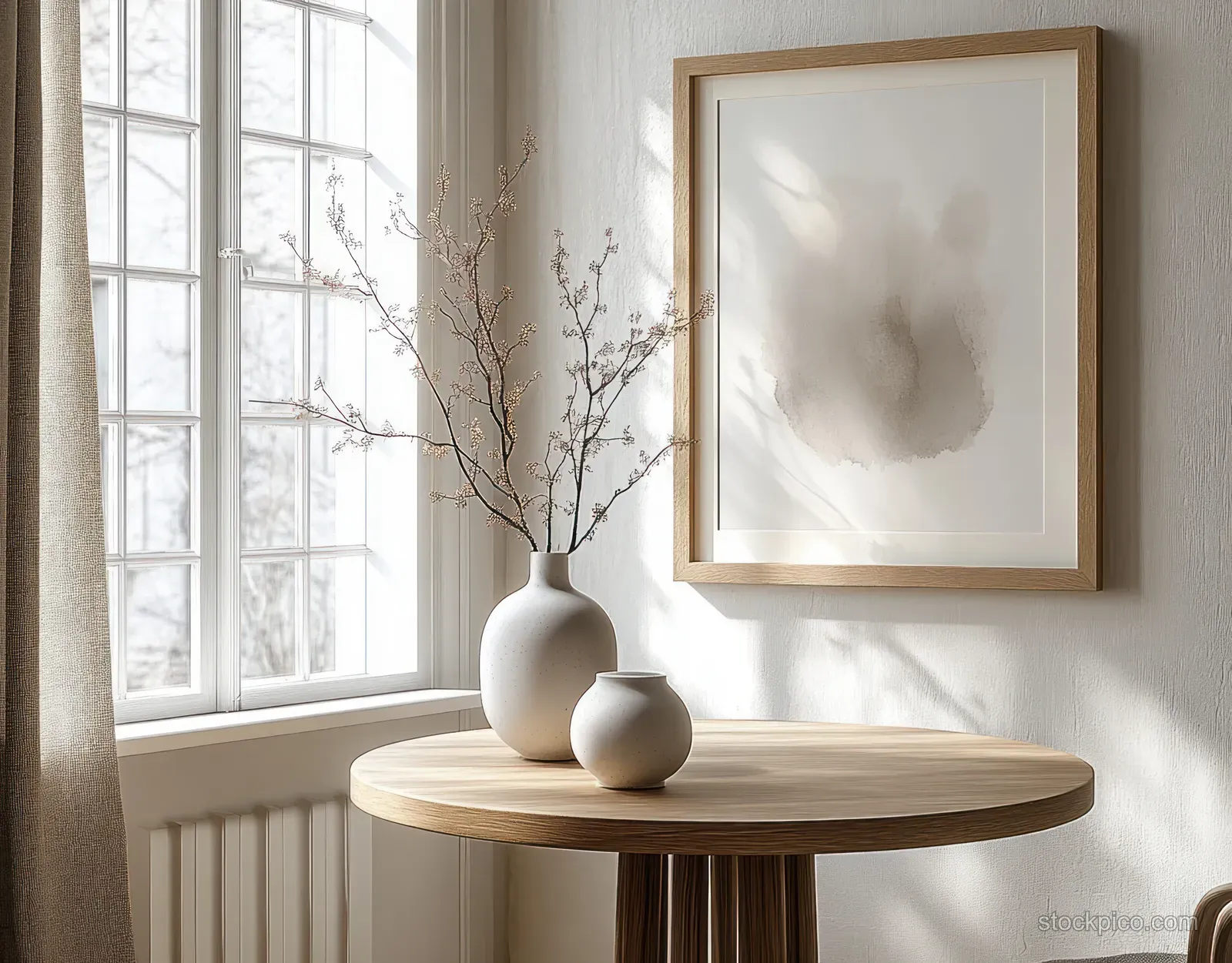 Two ceramic vases with branches sit on a round wooden table beside a large window in a minimalist room.