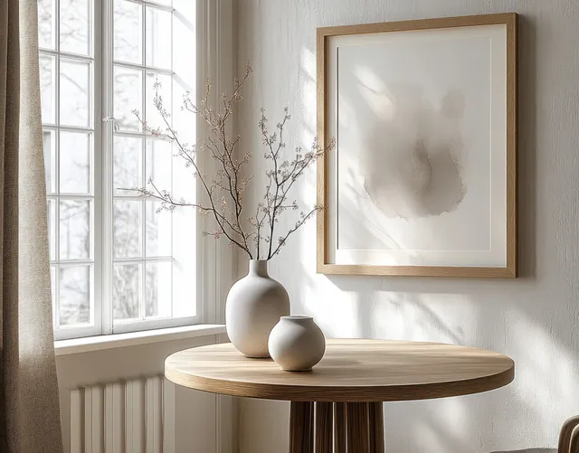 Two ceramic vases with branches sit on a round wooden table beside a large window in a minimalist room.