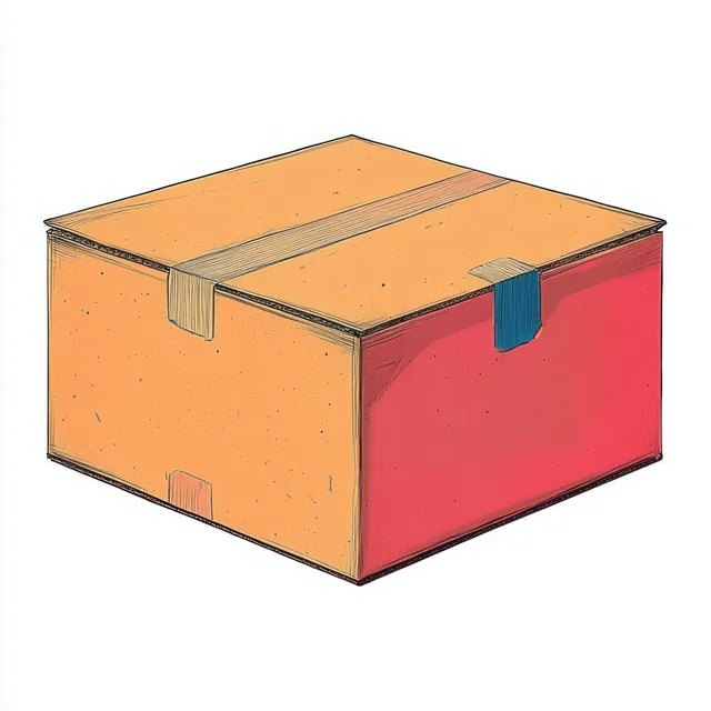 Hand-drawn closed cardboard box sealed with brown and blue tape, showing orange and red sides on white.