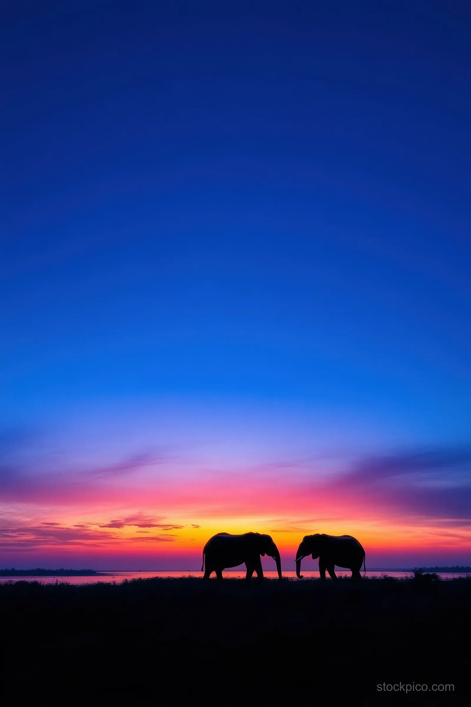 Two wild boars stand in silhouette by a lakeshore at sunrise.