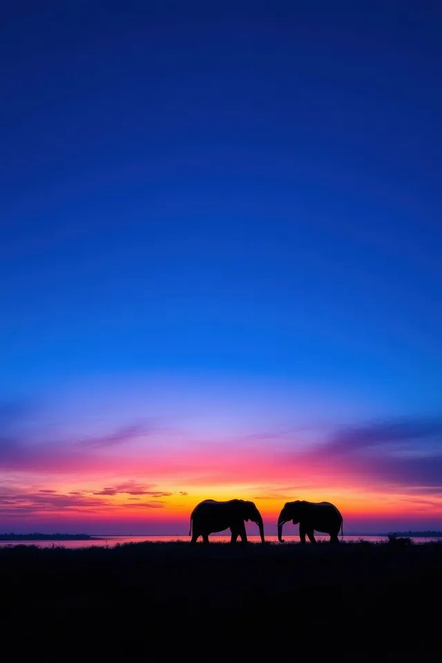 Two wild boars stand in silhouette by a lakeshore at sunrise.