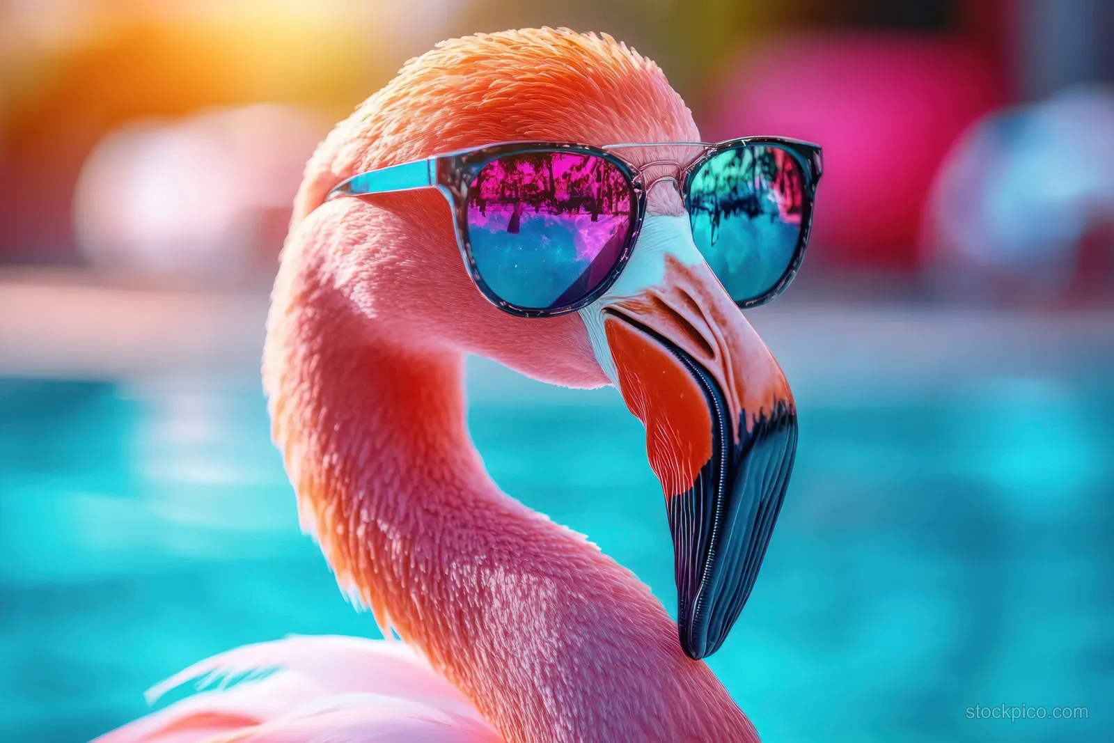 A pink flamingo wearing reflective sunglasses poses in front of bright blue water.
