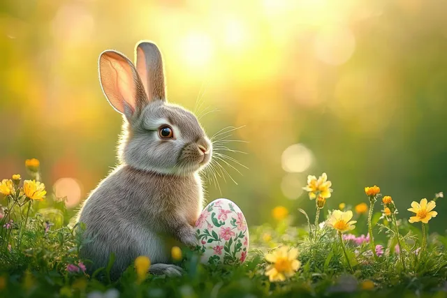 Gray rabbit sits in grass beside decorated Easter egg, framed by yellow wildflowers.