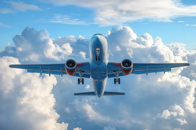 A commercial jet flies above thick fluffy clouds with landing gear extended under a clear blue sky.
