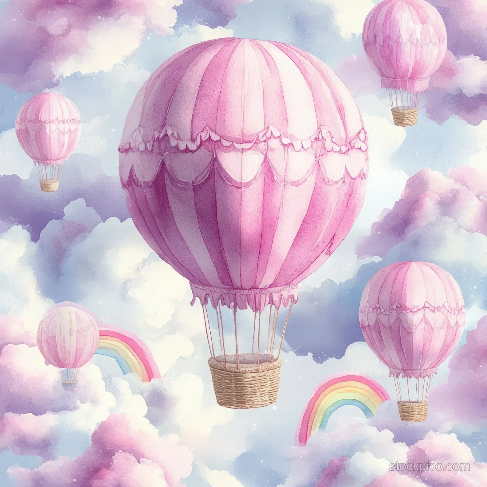 Pink hot air balloons float over dreamy watercolor clouds with a rainbow in the sky.