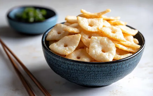 A bowl of crispy rice crackers with a small green dipping sauce and chopsticks on a light tabletop.