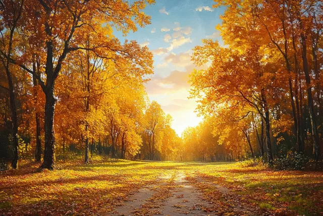 Leaf-covered park path with golden autumn trees and sunbeams streaming through branches.