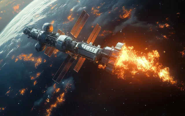A futuristic space station orbits Earth as fiery explosions and glowing debris streak across the dark sky.