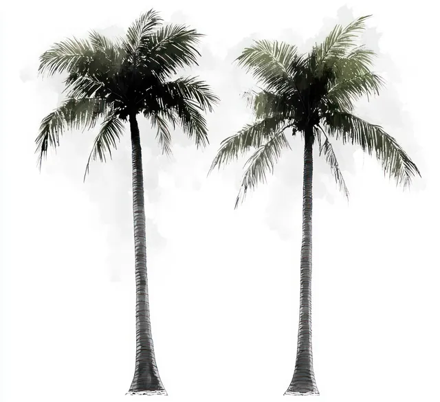 Two tall palm trees with green fronds stand against a plain white background.