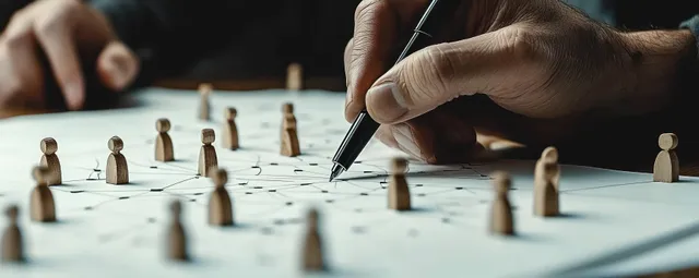 Hands draw pen lines connecting wooden figurines laid out on paper as a network diagram.